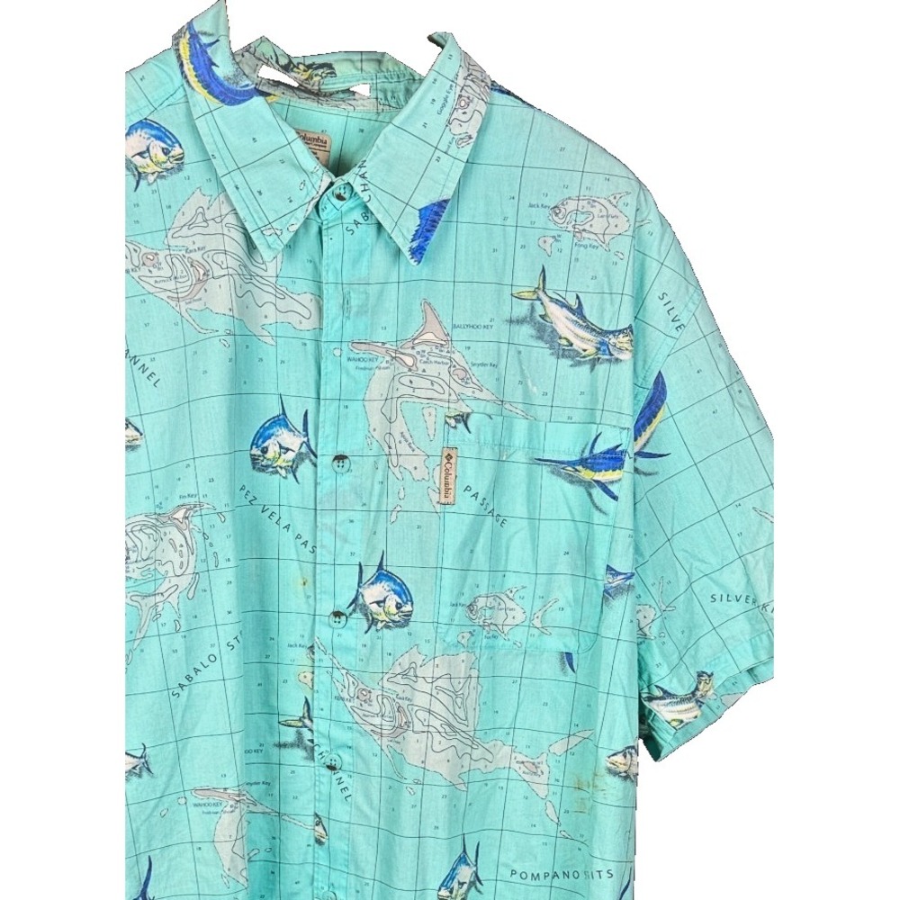 Columbia River Lodge Fishing Shirt Men XXL Mint Aqua Marlin Map All‎ Over Print